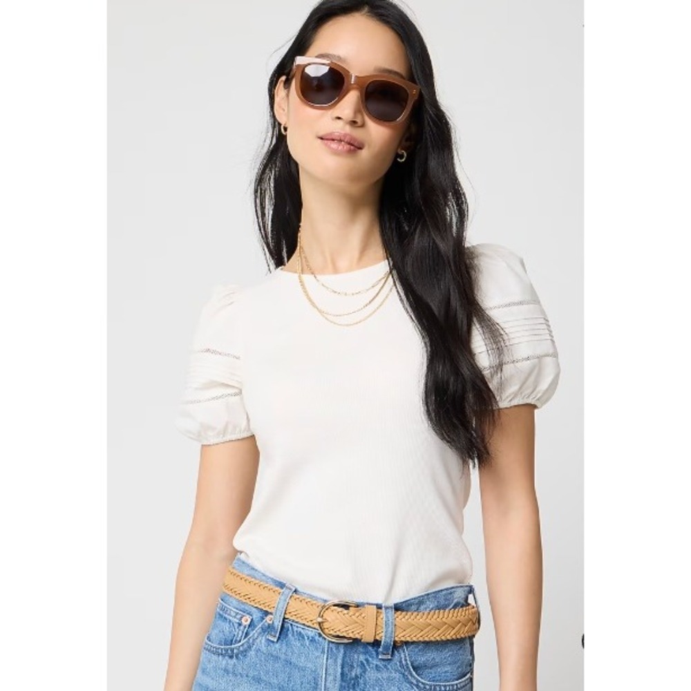 J.Crew Ribbed Puff Sleeve Tee White Fitted‎ Cottagecore NWT Medium